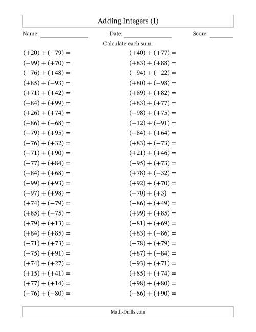 The Adding Mixed Integers from -99 to 99 (50 Questions; All Parentheses) (I) Math Worksheet