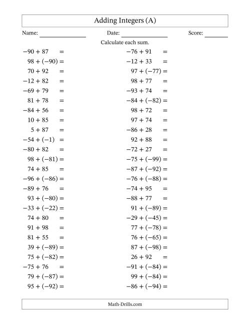 The Adding Mixed Integers from -99 to 99 (50 Questions) (A) Math Worksheet