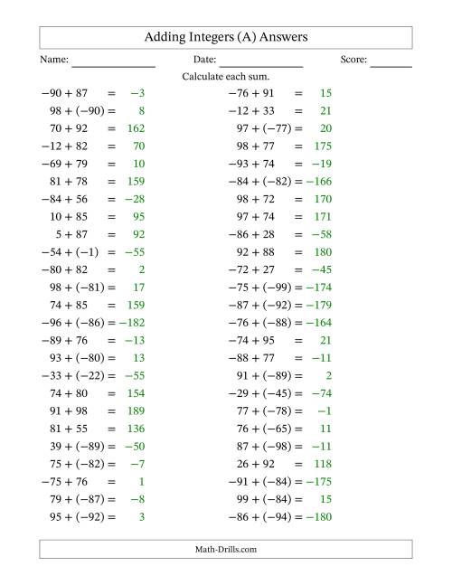 The Adding Mixed Integers from -99 to 99 (50 Questions) (A) Math Worksheet Page 2
