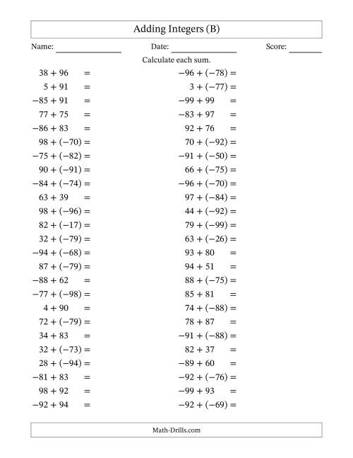 The Adding Mixed Integers from -99 to 99 (50 Questions) (B) Math Worksheet