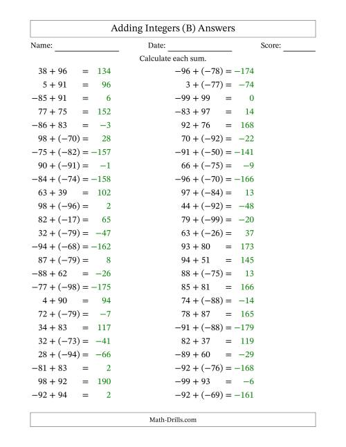The Adding Mixed Integers from -99 to 99 (50 Questions) (B) Math Worksheet Page 2