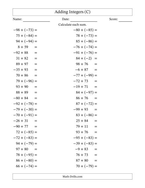 The Adding Mixed Integers from -99 to 99 (50 Questions) (C) Math Worksheet