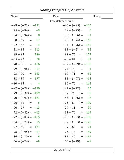 The Adding Mixed Integers from -99 to 99 (50 Questions) (C) Math Worksheet Page 2