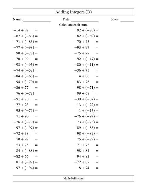 The Adding Mixed Integers from -99 to 99 (50 Questions) (D) Math Worksheet