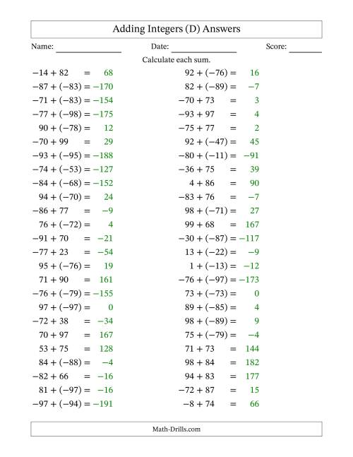 The Adding Mixed Integers from -99 to 99 (50 Questions) (D) Math Worksheet Page 2