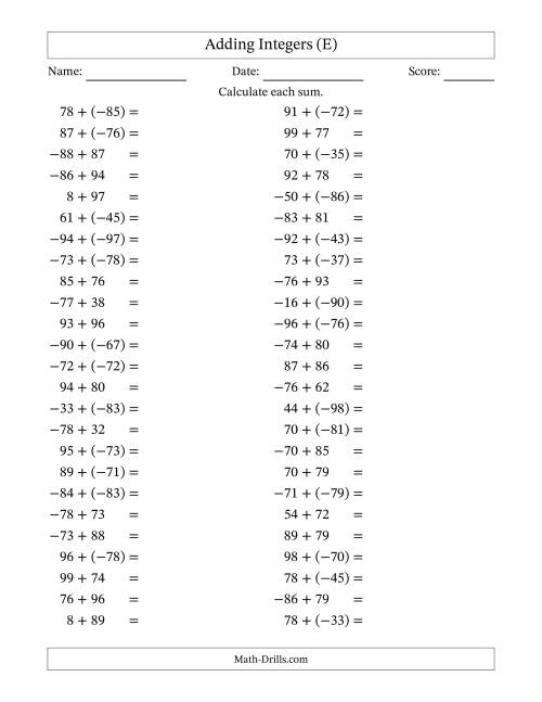 The Adding Mixed Integers from -99 to 99 (50 Questions) (E) Math Worksheet