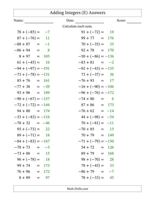 The Adding Mixed Integers from -99 to 99 (50 Questions) (E) Math Worksheet Page 2