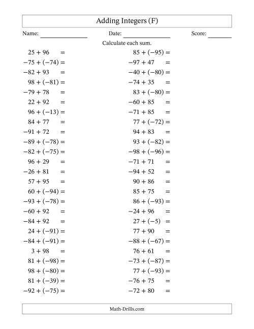 The Adding Mixed Integers from -99 to 99 (50 Questions) (F) Math Worksheet