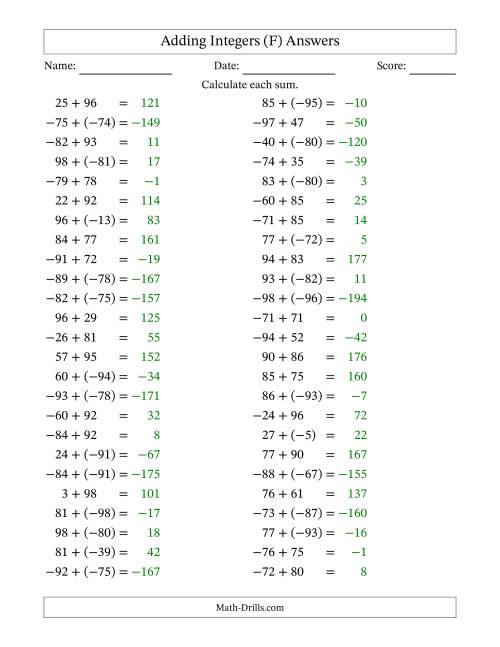 The Adding Mixed Integers from -99 to 99 (50 Questions) (F) Math Worksheet Page 2