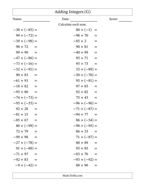 The Adding Mixed Integers from -99 to 99 (50 Questions) (G) Math Worksheet