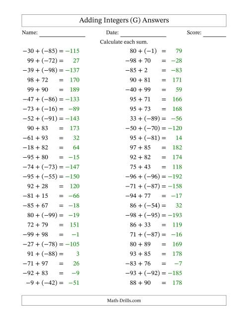 The Adding Mixed Integers from -99 to 99 (50 Questions) (G) Math Worksheet Page 2