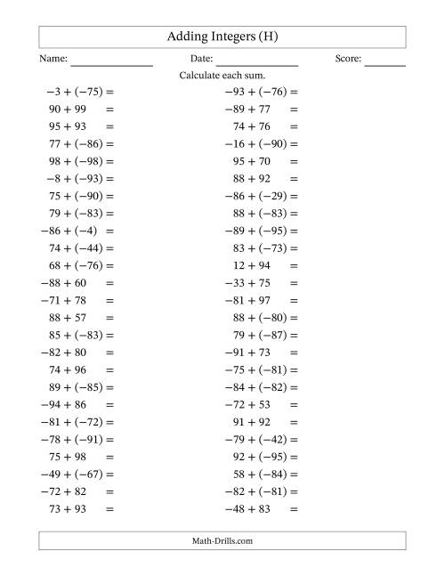 The Adding Mixed Integers from -99 to 99 (50 Questions) (H) Math Worksheet