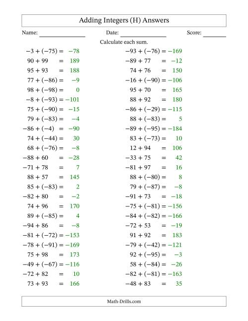 The Adding Mixed Integers from -99 to 99 (50 Questions) (H) Math Worksheet Page 2