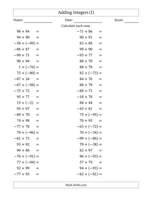 The Adding Mixed Integers from -99 to 99 (50 Questions) (I) Math Worksheet