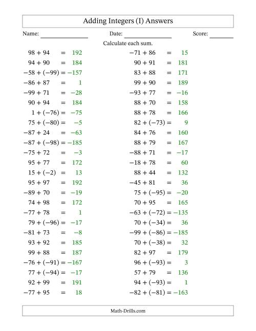 The Adding Mixed Integers from -99 to 99 (50 Questions) (I) Math Worksheet Page 2