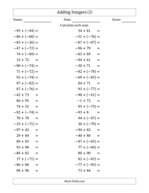 The Adding Mixed Integers from -99 to 99 (50 Questions) (J) Math Worksheet