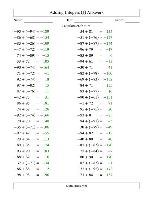 The Adding Mixed Integers from -99 to 99 (50 Questions) (J) Math Worksheet Page 2