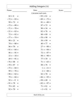 Adding Mixed Integers from -99 to 99 (50 Questions; No Parentheses)