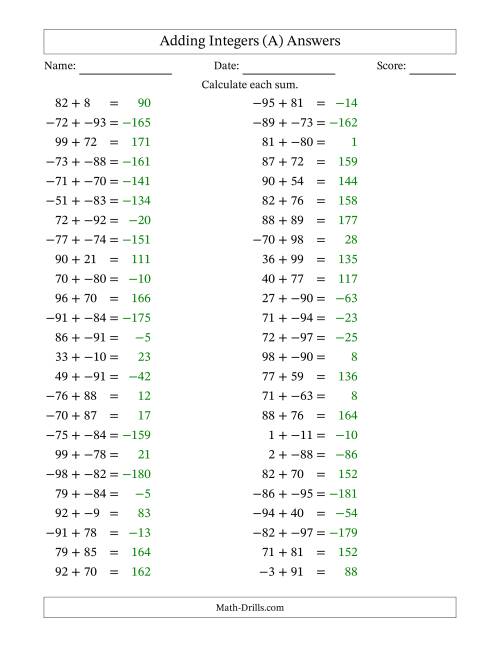 The Adding Mixed Integers from -99 to 99 (50 Questions; No Parentheses) (A) Math Worksheet Page 2