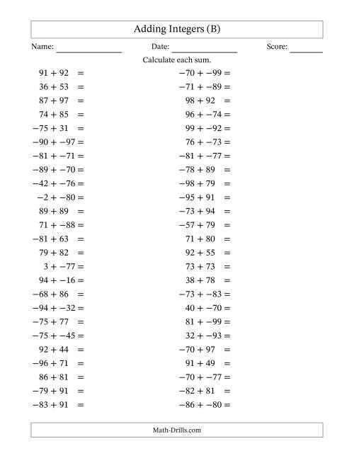 The Adding Mixed Integers from -99 to 99 (50 Questions; No Parentheses) (B) Math Worksheet
