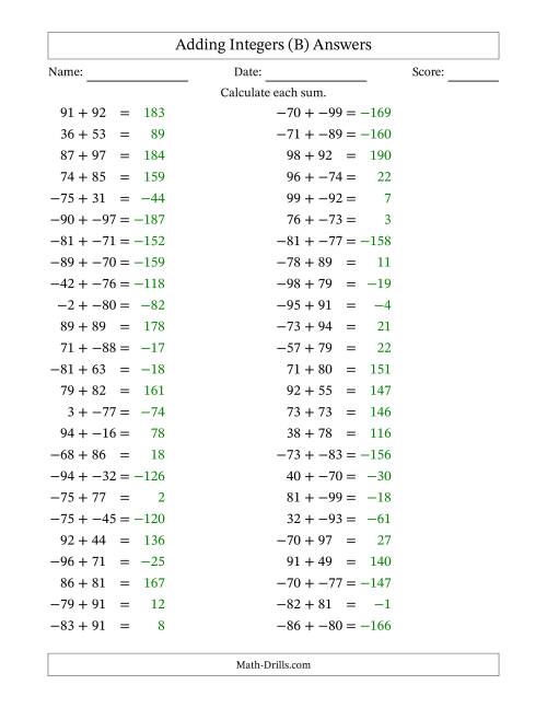 The Adding Mixed Integers from -99 to 99 (50 Questions; No Parentheses) (B) Math Worksheet Page 2