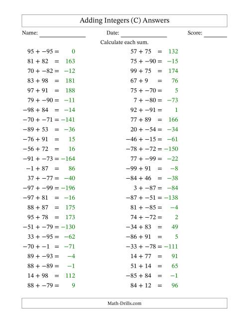 The Adding Mixed Integers from -99 to 99 (50 Questions; No Parentheses) (C) Math Worksheet Page 2