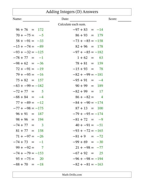 The Adding Mixed Integers from -99 to 99 (50 Questions; No Parentheses) (D) Math Worksheet Page 2