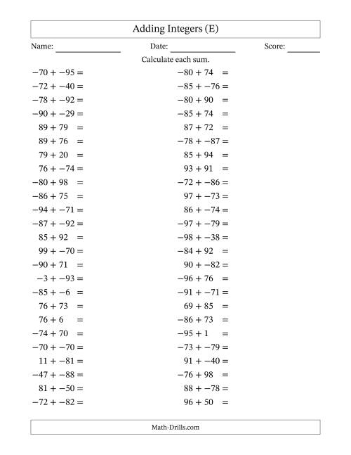 The Adding Mixed Integers from -99 to 99 (50 Questions; No Parentheses) (E) Math Worksheet