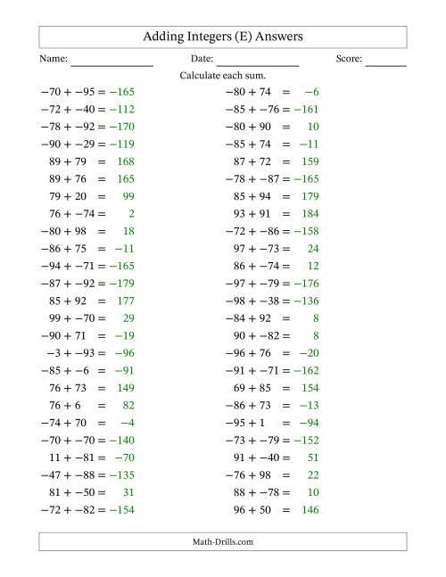 The Adding Mixed Integers from -99 to 99 (50 Questions; No Parentheses) (E) Math Worksheet Page 2