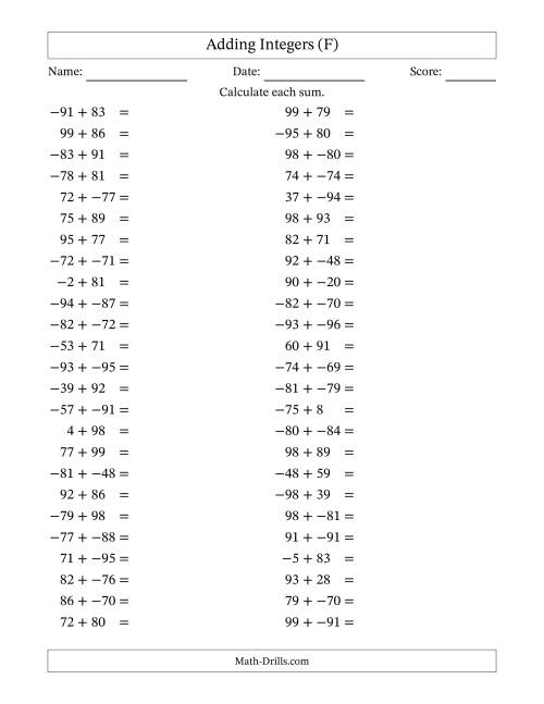 The Adding Mixed Integers from -99 to 99 (50 Questions; No Parentheses) (F) Math Worksheet