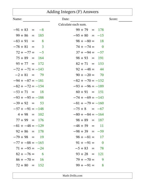 The Adding Mixed Integers from -99 to 99 (50 Questions; No Parentheses) (F) Math Worksheet Page 2