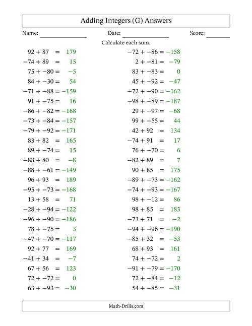 The Adding Mixed Integers from -99 to 99 (50 Questions; No Parentheses) (G) Math Worksheet Page 2