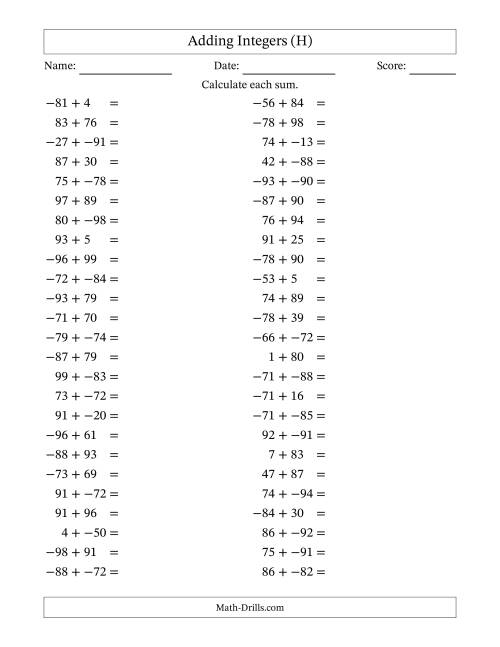 The Adding Mixed Integers from -99 to 99 (50 Questions; No Parentheses) (H) Math Worksheet