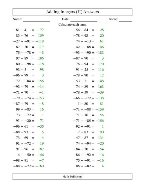 The Adding Mixed Integers from -99 to 99 (50 Questions; No Parentheses) (H) Math Worksheet Page 2