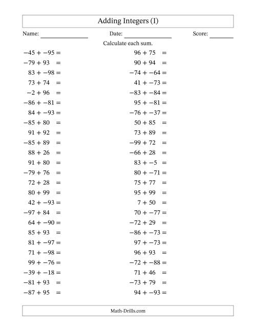 The Adding Mixed Integers from -99 to 99 (50 Questions; No Parentheses) (I) Math Worksheet
