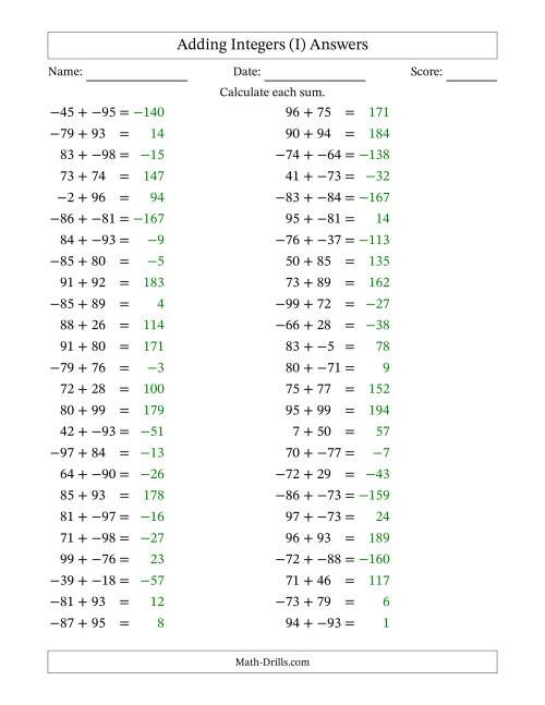 The Adding Mixed Integers from -99 to 99 (50 Questions; No Parentheses) (I) Math Worksheet Page 2