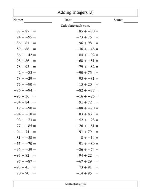 The Adding Mixed Integers from -99 to 99 (50 Questions; No Parentheses) (J) Math Worksheet