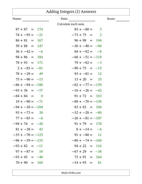 The Adding Mixed Integers from -99 to 99 (50 Questions; No Parentheses) (J) Math Worksheet Page 2