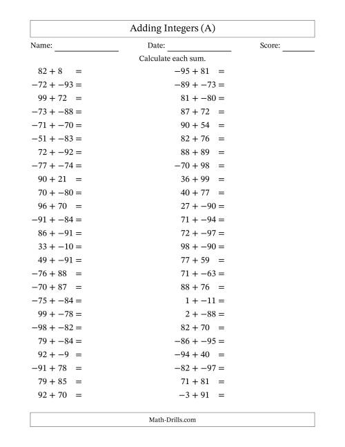 The Adding Mixed Integers from -99 to 99 (50 Questions; No Parentheses) (All) Math Worksheet