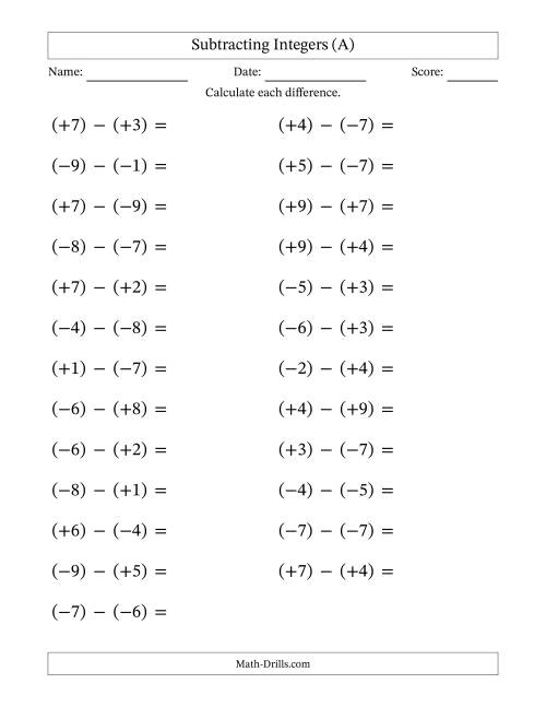 The Subtracting Mixed Integers from -9 to 9 (25 Questions; Large Print; All Parentheses) (A) Math Worksheet