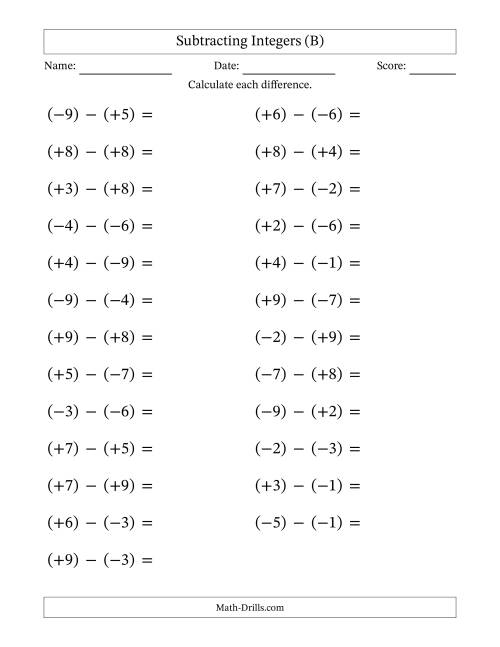 The Subtracting Mixed Integers from -9 to 9 (25 Questions; Large Print; All Parentheses) (B) Math Worksheet
