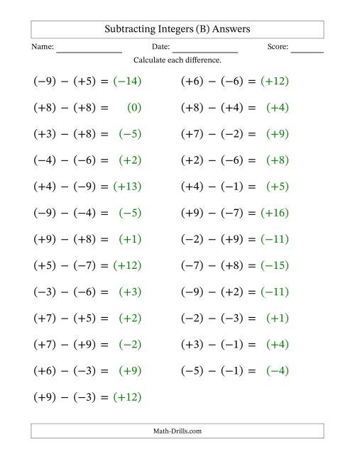 The Subtracting Mixed Integers from -9 to 9 (25 Questions; Large Print; All Parentheses) (B) Math Worksheet Page 2