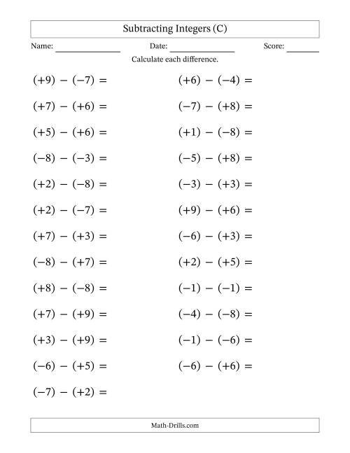 The Subtracting Mixed Integers from -9 to 9 (25 Questions; Large Print; All Parentheses) (C) Math Worksheet