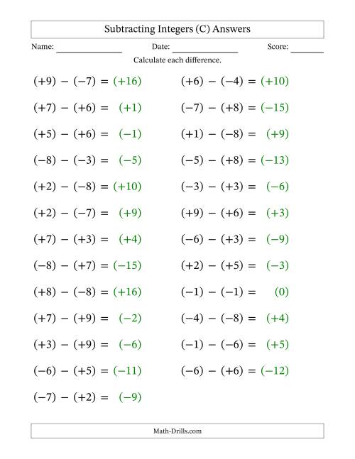 The Subtracting Mixed Integers from -9 to 9 (25 Questions; Large Print; All Parentheses) (C) Math Worksheet Page 2