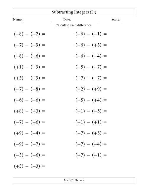 The Subtracting Mixed Integers from -9 to 9 (25 Questions; Large Print; All Parentheses) (D) Math Worksheet