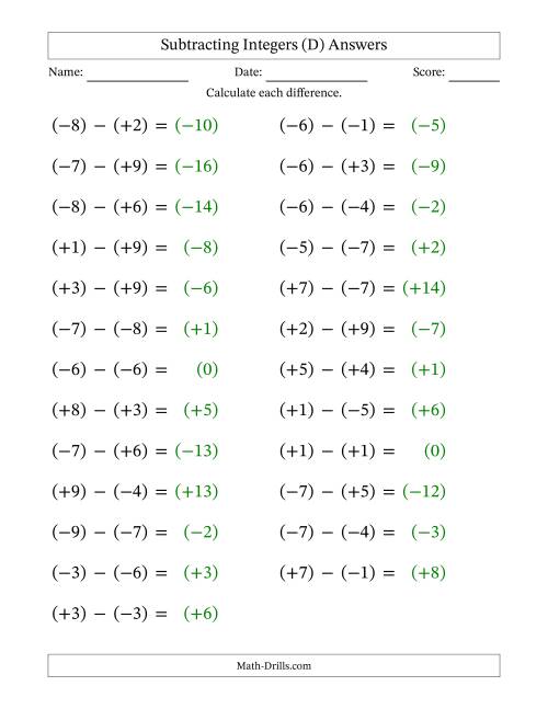The Subtracting Mixed Integers from -9 to 9 (25 Questions; Large Print; All Parentheses) (D) Math Worksheet Page 2