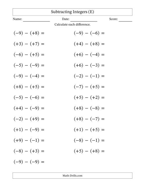 The Subtracting Mixed Integers from -9 to 9 (25 Questions; Large Print; All Parentheses) (E) Math Worksheet
