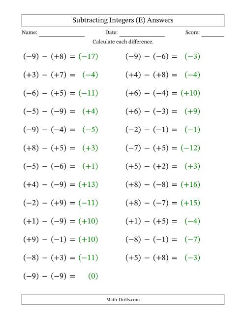 The Subtracting Mixed Integers from -9 to 9 (25 Questions; Large Print; All Parentheses) (E) Math Worksheet Page 2