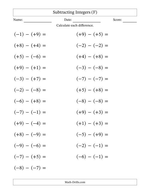 The Subtracting Mixed Integers from -9 to 9 (25 Questions; Large Print; All Parentheses) (F) Math Worksheet