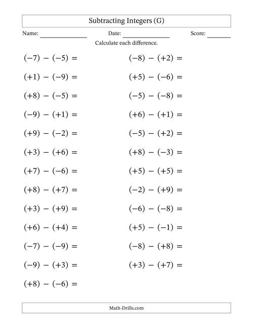 The Subtracting Mixed Integers from -9 to 9 (25 Questions; Large Print; All Parentheses) (G) Math Worksheet